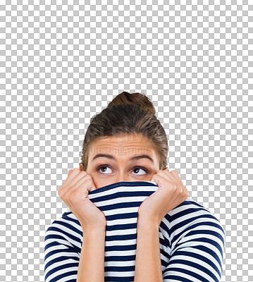 Buy stock photo Face, hide and woman scared, clothes and thinking with model isolated against a transparent background. Female person, cover and girl with a sweater, fear and anxious with stress, png and anxiety