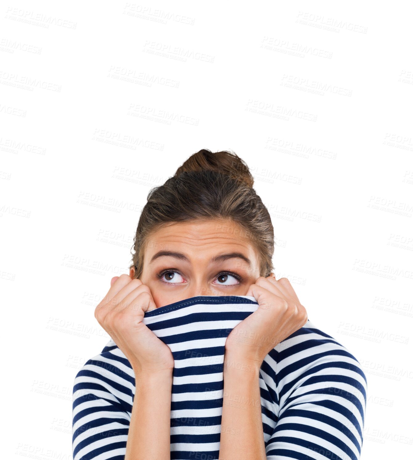 Buy stock photo Face, hide and woman scared, clothes and thinking with model isolated against a transparent background. Female person, cover and girl with a sweater, fear and anxious with stress, png and anxiety