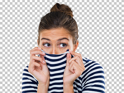 Buy stock photo Isolated woman, hide face and sweater with fear, anxiety or shy with transparent png background. Girl, cover mouth and nose with shirt for smell, funny and scared with looking, fashion and clothes