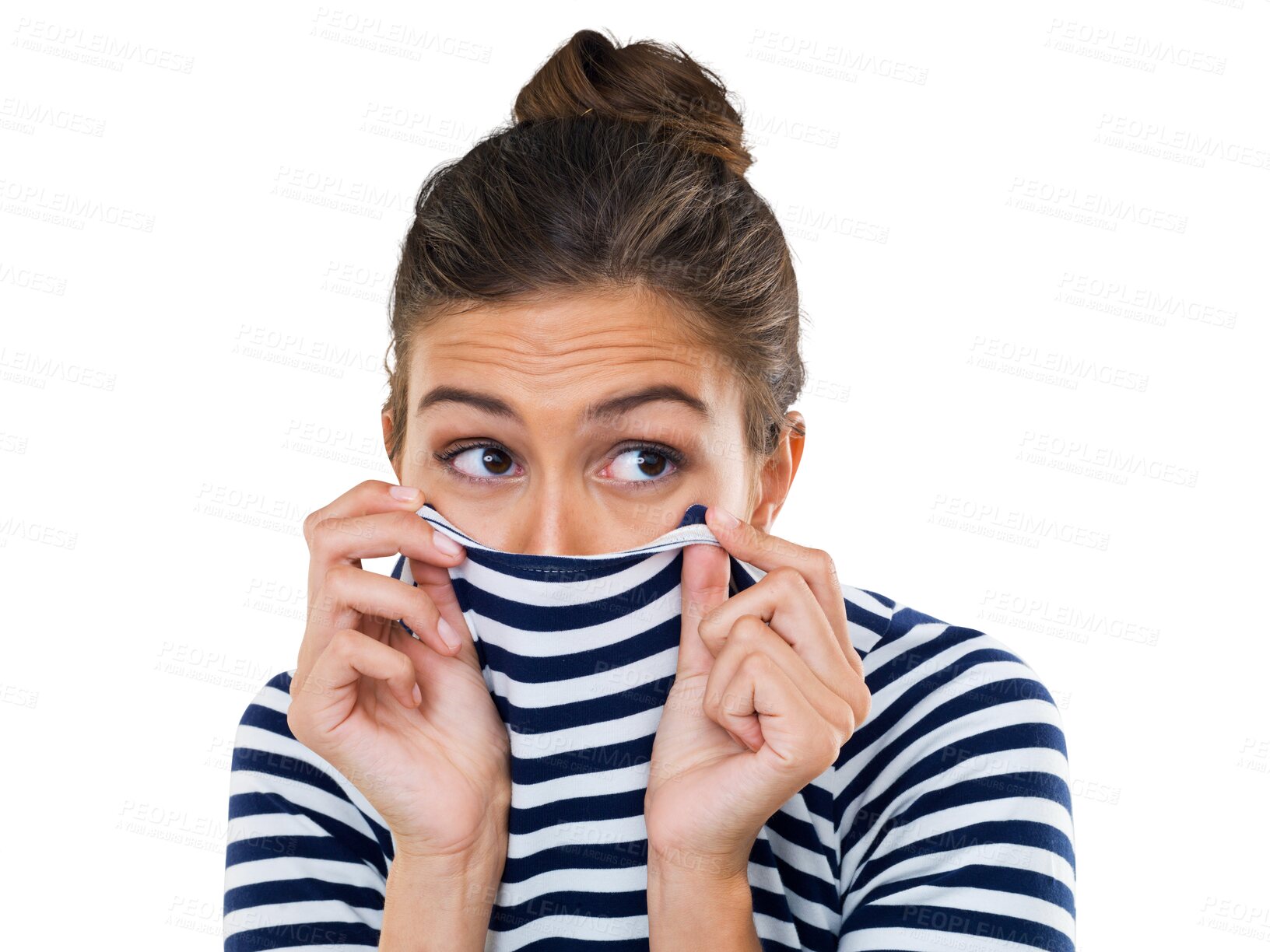 Buy stock photo Isolated woman, hide face and sweater with fear, anxiety or shy with transparent png background. Girl, cover mouth and nose with shirt for smell, funny and scared with looking, fashion and clothes