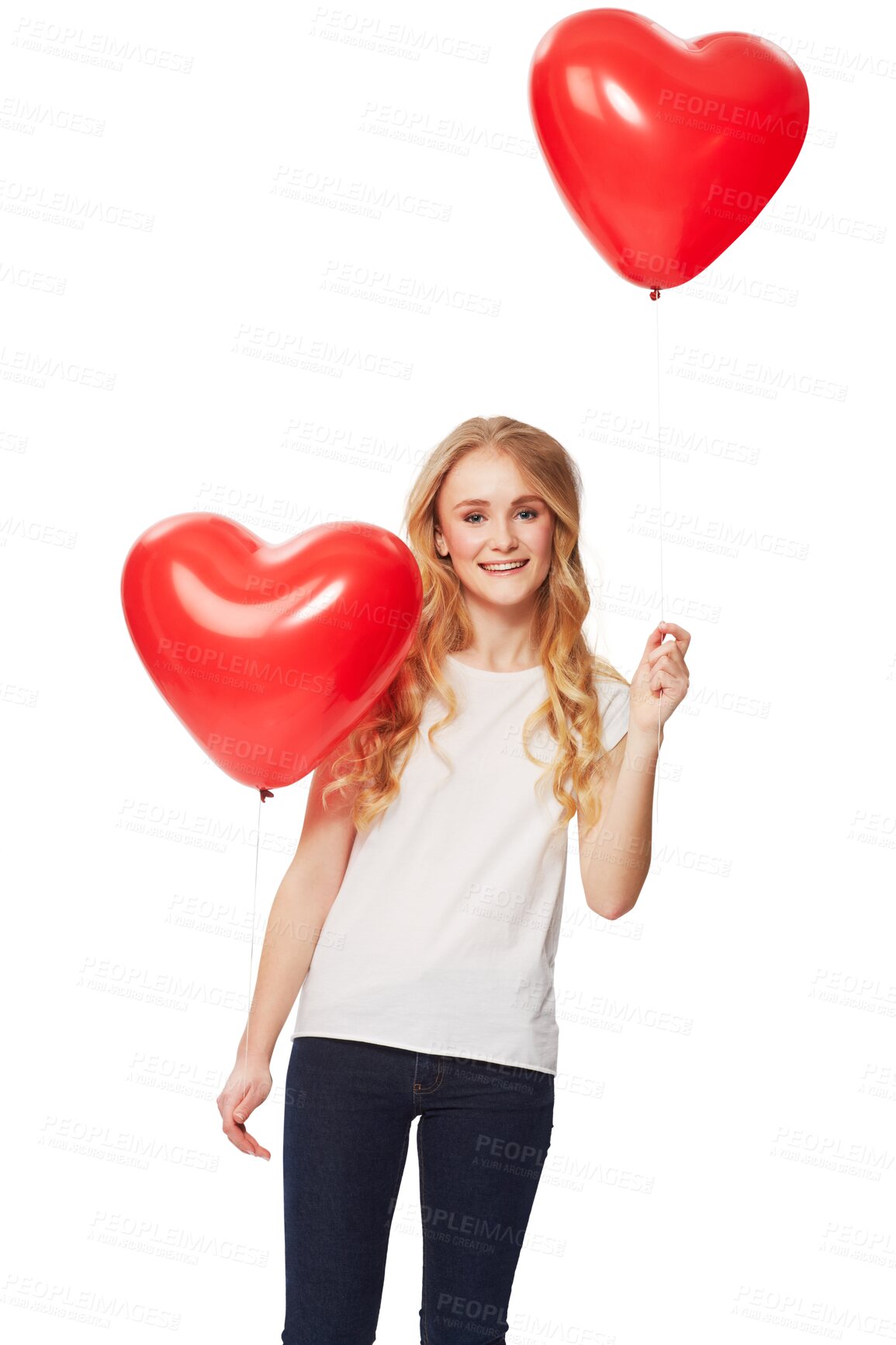 Buy stock photo Heart balloons, happy portrait and girl or teenager fashion, emoji and self love promotion. Retail, red balloon and young model, gen z or teen in casual clothes isolated on transparent png background