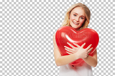 Buy stock photo Portrait, heart and balloon with a woman on valentines day isolated on a transparent background for romance. Social media, love and emoji with an attractive young female person holding a shape on PNG