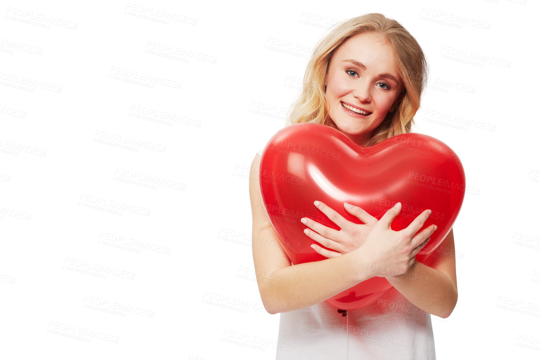 Buy stock photo Portrait, heart and balloon with a woman on valentines day isolated on a transparent background for romance. Social media, love and emoji with an attractive young female person holding a shape on PNG