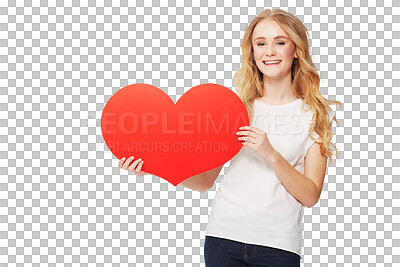 Buy stock photo Portrait, heart and emoji with a woman on valentines day isolated on a transparent background for romance. Social media, love and icon with an attractive young female person holding a shape on PNG