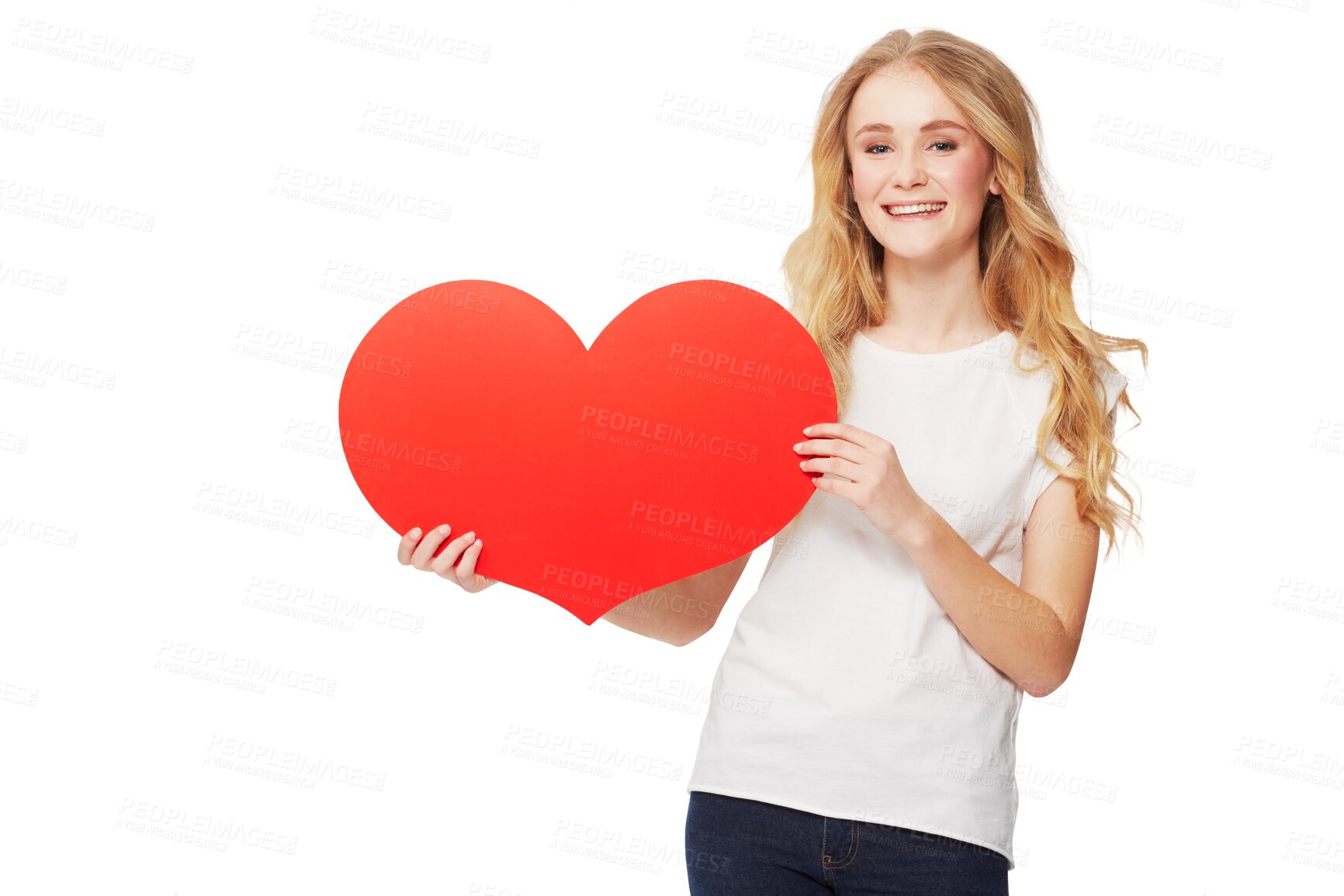 Buy stock photo Portrait, heart and emoji with a woman on valentines day isolated on a transparent background for romance. Social media, love and icon with an attractive young female person holding a shape on PNG