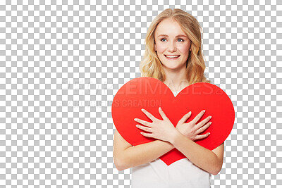 Buy stock photo Portrait, heart and social media with a woman on valentines day isolated on a transparent background for romance. Love, emoji and icon with an attractive young female person hugging a shape on PNG