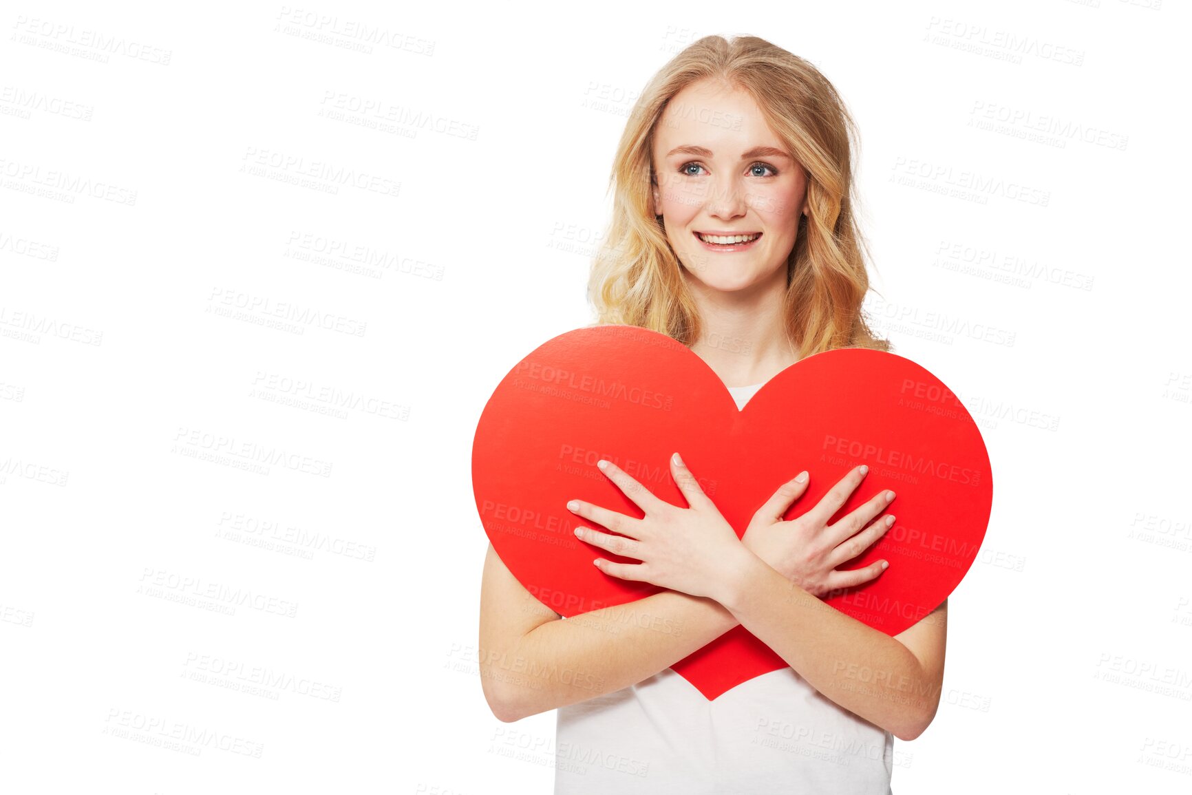 Buy stock photo Portrait, heart and social media with a woman on valentines day isolated on a transparent background for romance. Love, emoji and icon with an attractive young female person hugging a shape on PNG