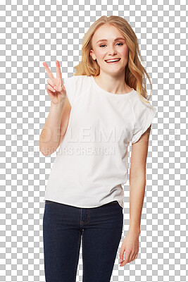 Buy stock photo Portrait, woman and sign peace with hand, fingers or gesture for victory, two or happiness on transparent, isolated or png background. Girl, hands and finger signal for zen, happy or wellness