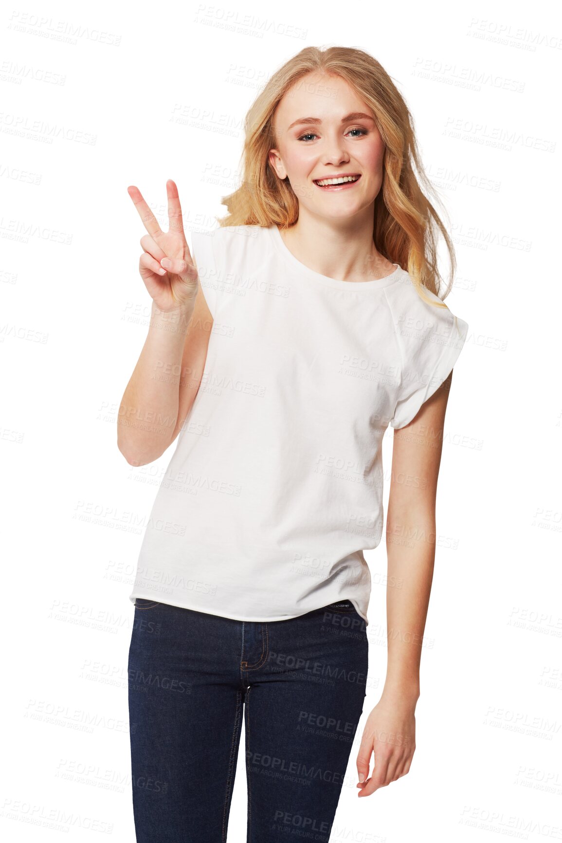 Buy stock photo Portrait, woman and sign peace with hand, fingers or gesture for victory, two or happiness on transparent, isolated or png background. Girl, hands and finger signal for zen, happy or wellness