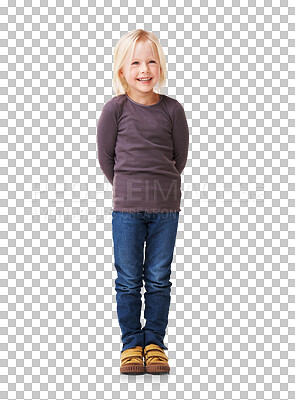 Buy stock photo Full body, happy girl or child casual, jeans or clothes isolated on transparent png background for school or education. Kindergarten, excited and smile of kid in USA with blonde hair and cool fashion