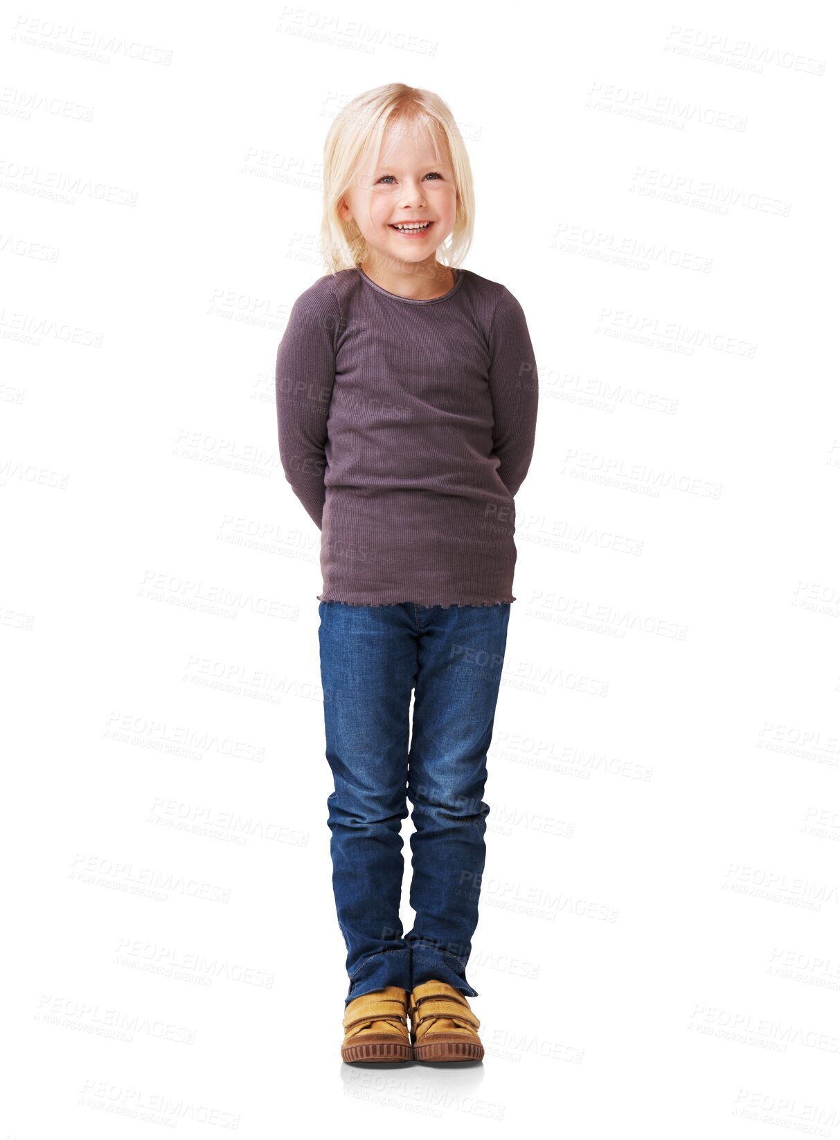 Buy stock photo Full body, happy girl or child casual, jeans or clothes isolated on transparent png background for school or education. Kindergarten, excited and smile of kid in USA with blonde hair and cool fashion