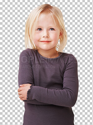 Buy stock photo Girl, child and smile with arm crossed with thinking in png or isolated or transparent background. Shy face, cute and think with kid or natural look with childhood, nervous or youth or embarrassed. 