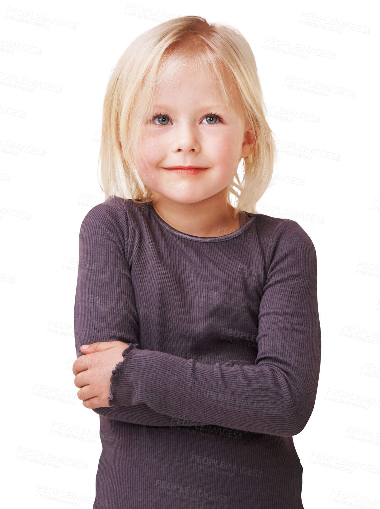 Buy stock photo Girl, child and smile with arm crossed with thinking in png or isolated or transparent background. Shy face, cute and think with kid or natural look with childhood, nervous or youth or embarrassed. 