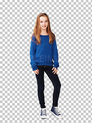 Buy stock photo Portrait, children and fashion with a casual girl isolated on a transparent background for kids style. Smile, clothes and trendy with a cute little female child on PNG in a fashionable outfit