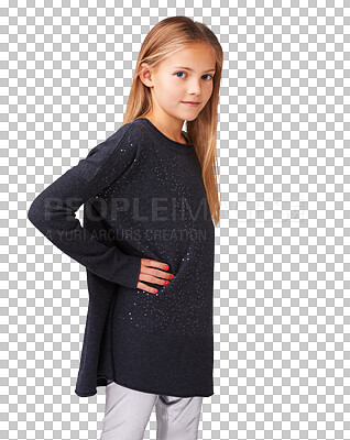 Buy stock photo Portrait, kids and fashion with a trendy girl isolated on a transparent background for casual style. Smile, clothes and children with a cute little female child on PNG in a fashionable outfit