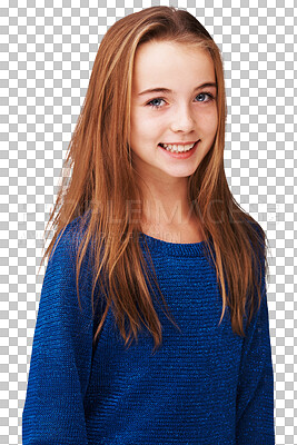 Buy stock photo Portrait, children and fashion with a happy girl isolated on transparent background for kids style. Smile, clothes and trendy with a cute little female child on PNG in a casual or fashionable outfit