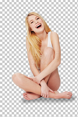 Buy stock photo Portrait, happy and girl in underwear for skincare, salon or wellness treatment in spa on transparent, isolated or png background. Woman, laughing and body care or natural beauty of teenager