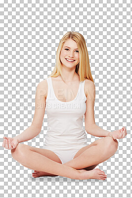 Buy stock photo Meditation, happy and portrait of woman in lotus position for peace, calm and morning relax routine. Smile, zen and young girl or teenager meditating for faith isolated on transparent png background