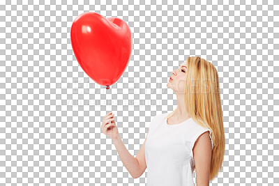 Buy stock photo Romance, heart and woman holding a balloon, happiness and model isolated against a transparent background. Female person, romantic or girl with a symbol for love, gift and present with png and loving