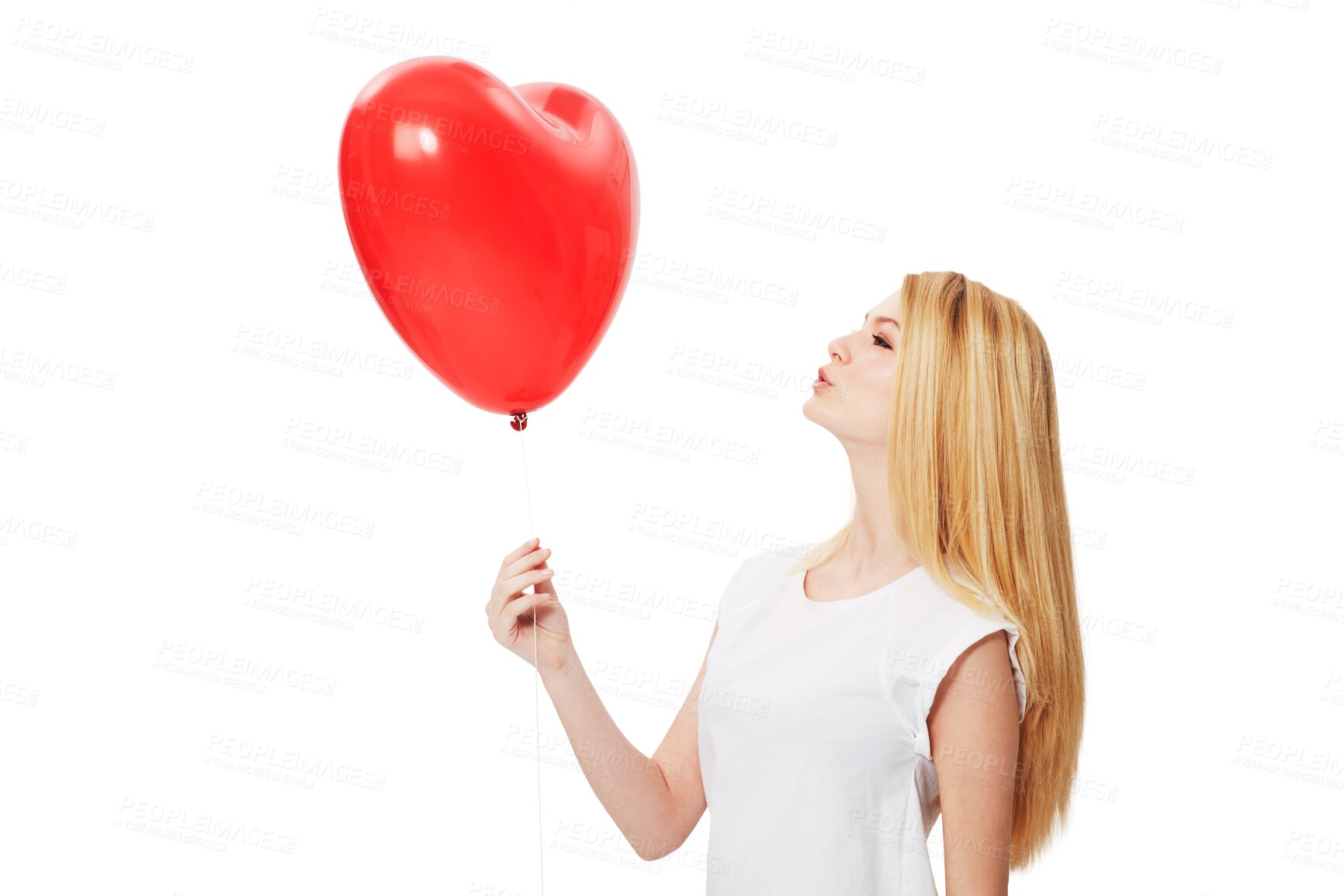 Buy stock photo Romance, heart and woman holding a balloon, happiness and model isolated against a transparent background. Female person, romantic or girl with a symbol for love, gift and present with png and loving