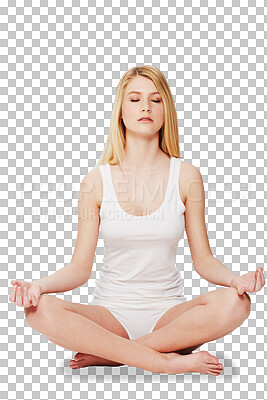 Buy stock photo Woman, lotus and yoga meditation for calm, mindset and peace or zen on transparent, isolated or png background. Girl, breathing and meditating for wellness, healthy mental health or spiritual routine