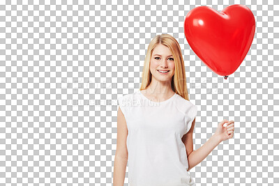 Buy stock photo Heart balloon, portrait and happy woman or girl with valentines day emoji, self love or winning. Holiday, red celebration and young person with party balloons isolated on transparent, png background