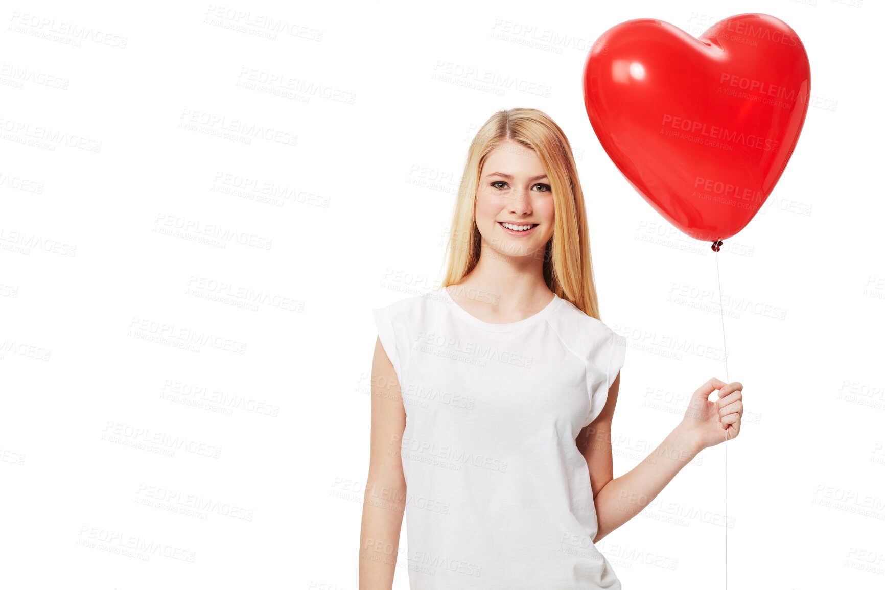 Buy stock photo Heart balloon, portrait and happy woman or girl with valentines day emoji, self love or winning. Holiday, red celebration and young person with party balloons isolated on transparent, png background