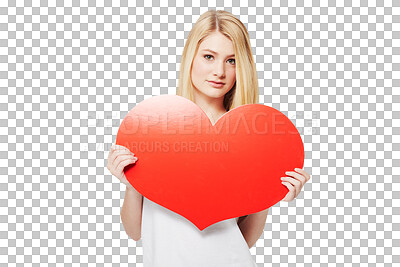 Buy stock photo Heart, portrait and a woman with a board for romance, valentines day or care. Showing love, poster and a woman with a cardboard shape for romantic gesture isolated on a transparent png background