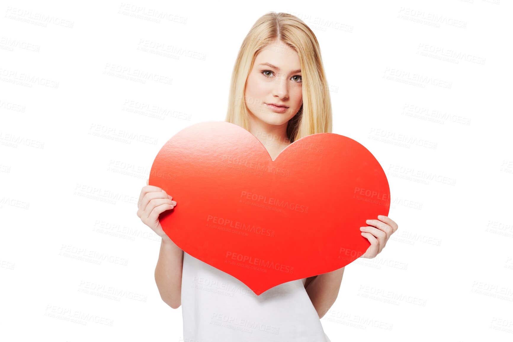 Buy stock photo Heart, portrait and a woman with a board for romance, valentines day or care. Showing love, poster and a woman with a cardboard shape for romantic gesture isolated on a transparent png background