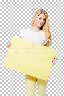 Buy stock photo Poster, portrait and young woman or teenager with advertising space or mockup for gen z fashion. Promotion, presentation and model or girl with yellow board isolated on transparent png background