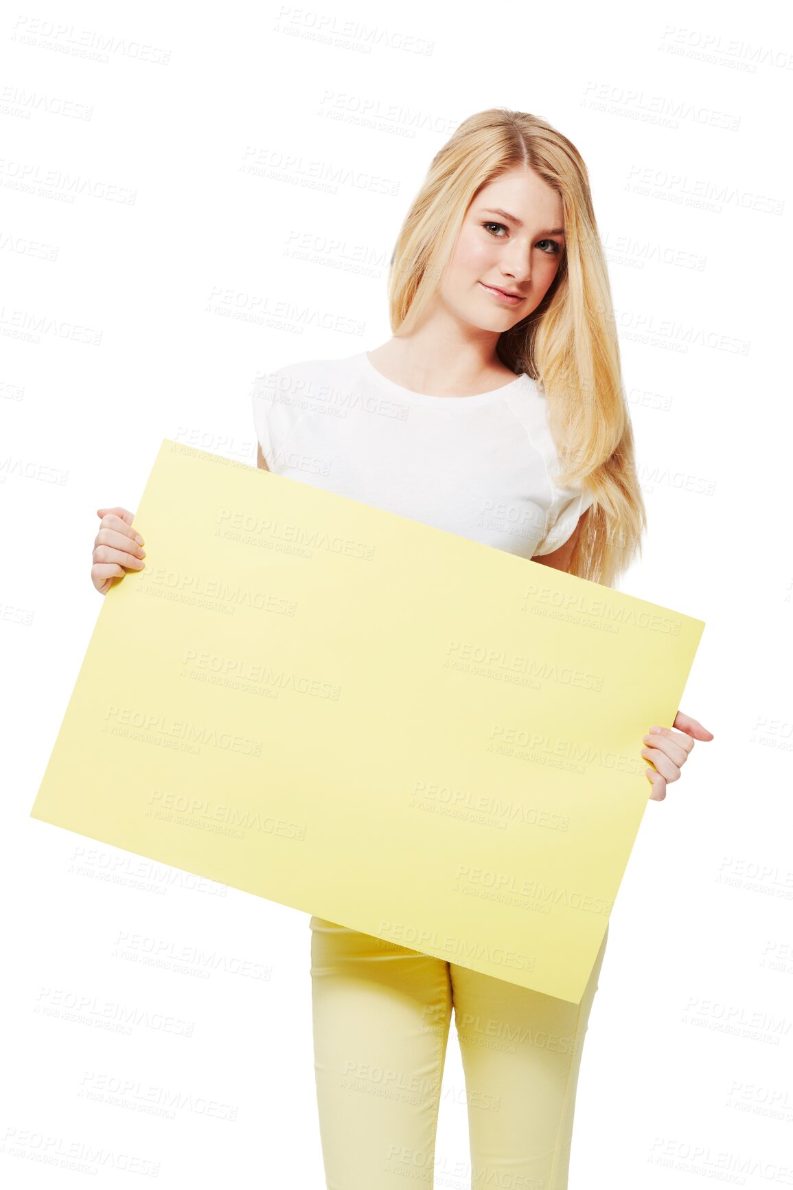 Buy stock photo Poster, portrait and young woman or teenager with advertising space or mockup for gen z fashion. Promotion, presentation and model or girl with yellow board isolated on transparent png background