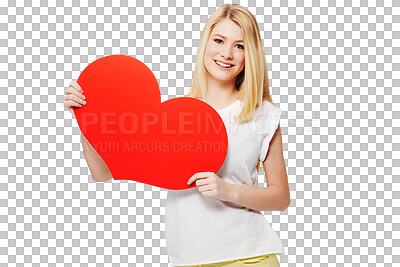 Buy stock photo Heart poster, portrait and happy woman or girl with valentines day emoji, self love or advertising space. Red cardboard, creative sign and young person mockup isolated on transparent, png background