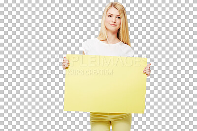 Buy stock photo Poster mockup, portrait and young woman or teenager with advertising space for gen z news or information. Promotion, yellow sign presentation and girl or model isolated on transparent png background