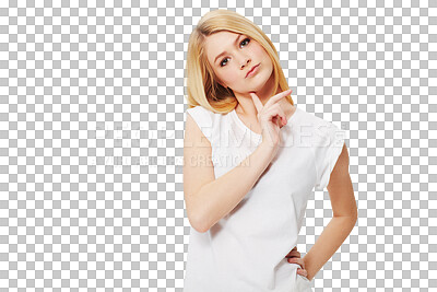 Buy stock photo Thinking, doubt and portrait of a young woman with deciding, solution or unsure facial expression. Memory, brainstorming and female model with question face isolated by a transparent png background.