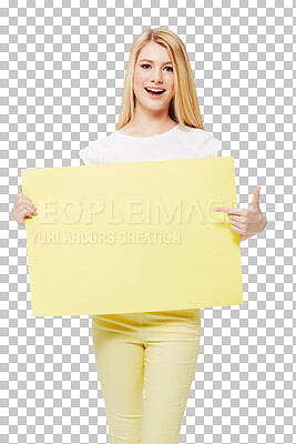 Buy stock photo Poster, wow and portrait with woman pointing to advertising space of gen z news, sale or teenager mockup. Surprise, happy model or girl with yellow presentation isolated on transparent png background