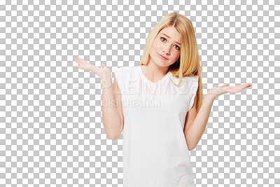 Buy stock photo Decision, portrait of a woman and confused isolated against a transparent png background. Choice or selection, uncertainty or doubt and young female person pose for thinking and problem solving.