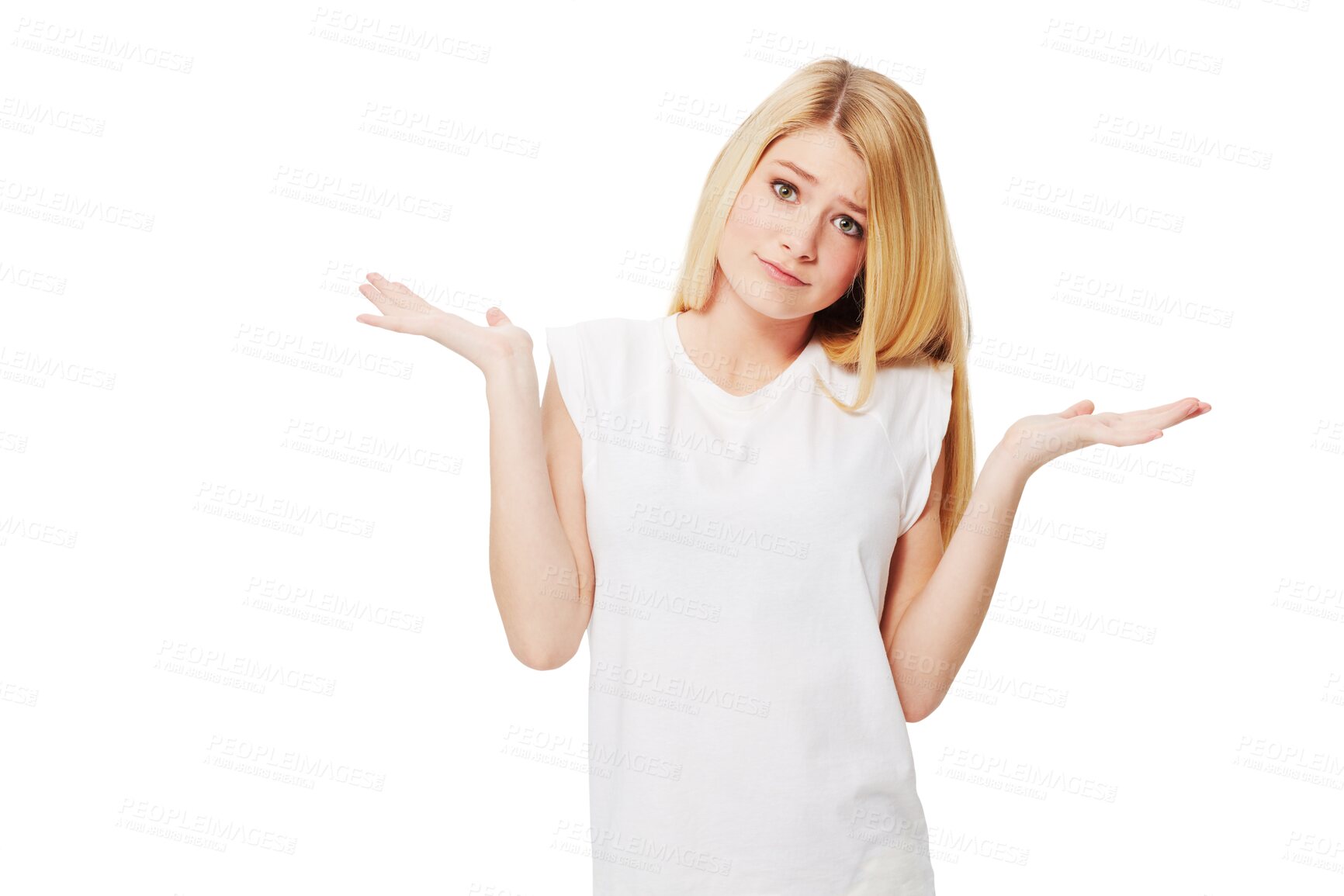 Buy stock photo Decision, portrait of a woman and confused isolated against a transparent png background. Choice or selection, uncertainty or doubt and young female person pose for thinking and problem solving.