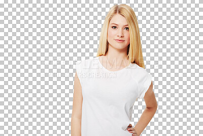 Buy stock photo Portrait, student and woman with confidence or serious face, expression and natural beauty on isolated, transparent or png background. Girl, hand on hip and pose of empowerment, power or attitude