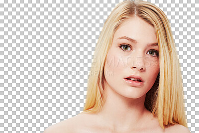 Buy stock photo Skincare, face and serious blonde woman isolated on a transparent png background. Portrait, natural beauty or female model with cosmetic in spa facial treatment for aesthetic, wellness or skin health