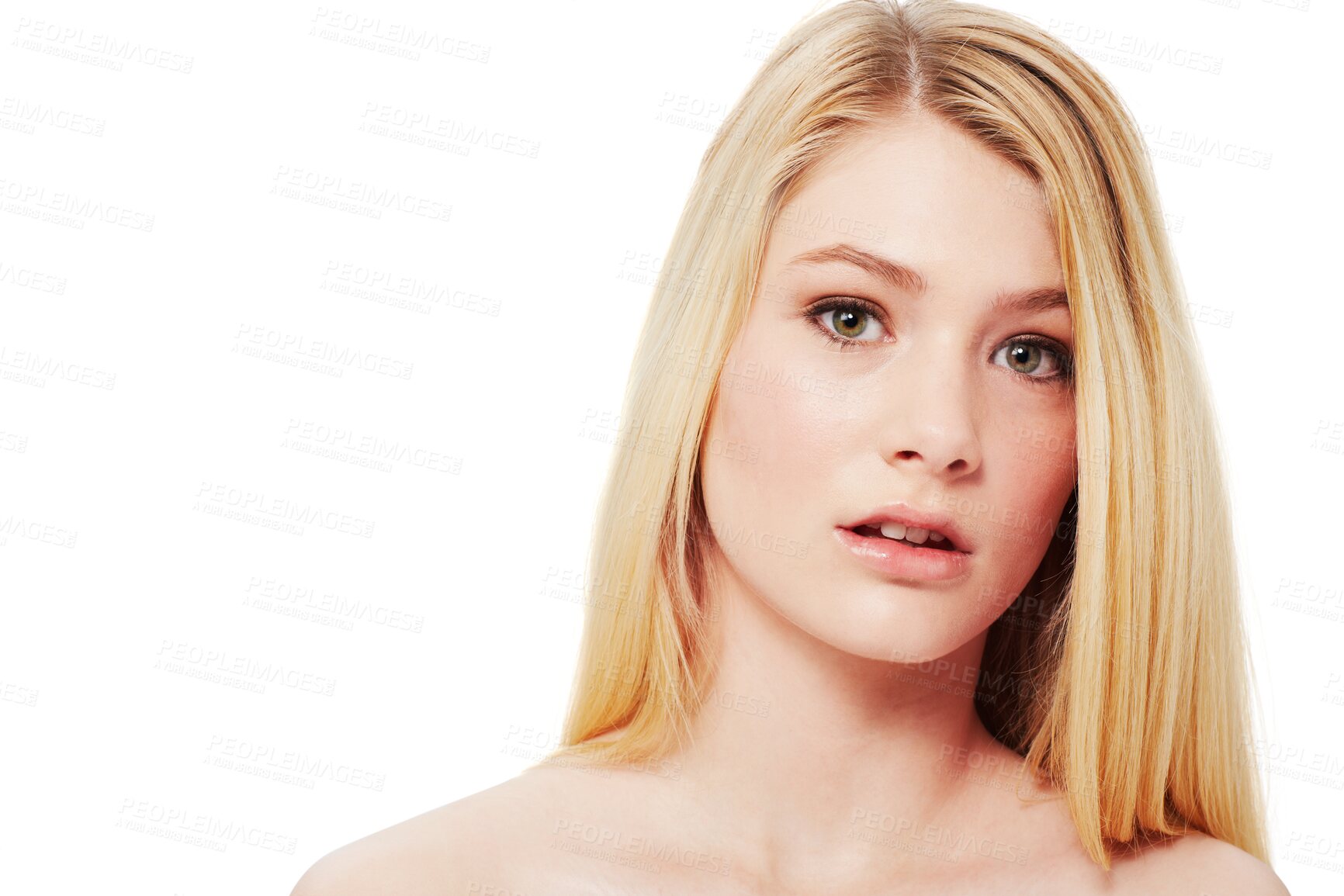 Buy stock photo Skincare, face and serious blonde woman isolated on a transparent png background. Portrait, natural beauty or female model with cosmetic in spa facial treatment for aesthetic, wellness or skin health