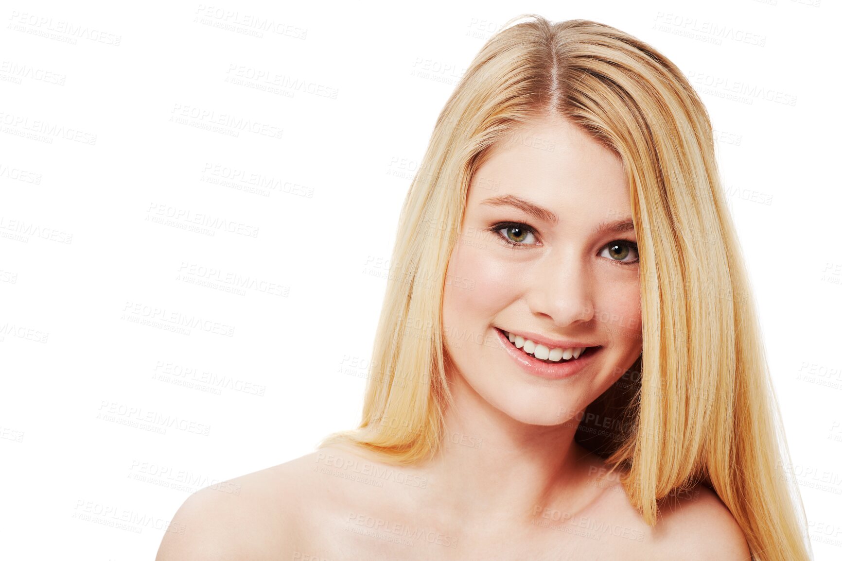 Buy stock photo Haircare, face and happy blonde woman isolated on a transparent png background. Portrait, natural beauty and female model with cosmetics in salon treatment for aesthetic, skincare and hairstyle.