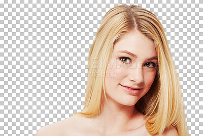 Buy stock photo Face, hair care and blonde woman isolated on a transparent png background. Portrait, natural beauty and happy female model with cosmetics in salon treatment for aesthetic, skincare and hairstyle.