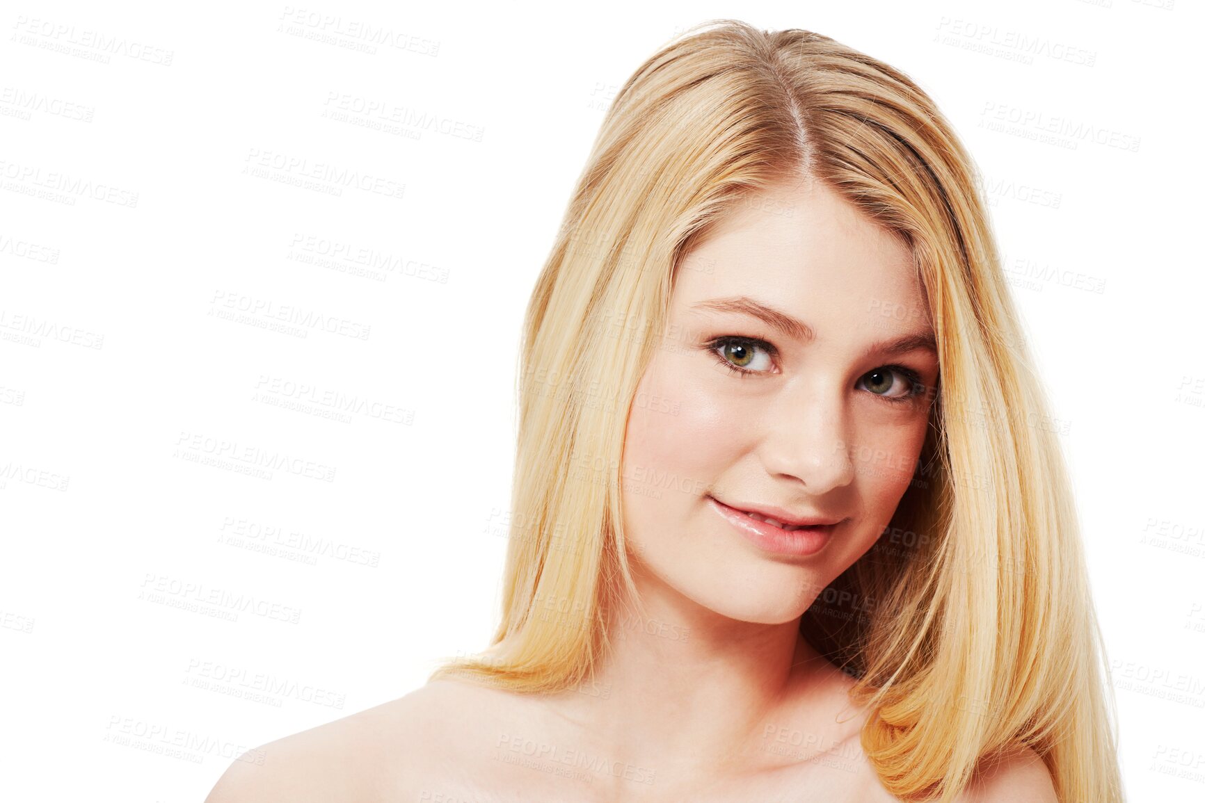 Buy stock photo Face, hair care and blonde woman isolated on a transparent png background. Portrait, natural beauty and happy female model with cosmetics in salon treatment for aesthetic, skincare and hairstyle.