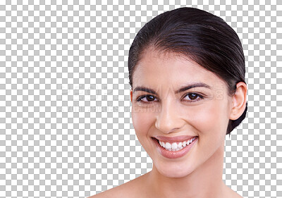 Buy stock photo Skincare, portrait of a natural woman smile and happy on a transparent png background for beauty cosmetics. Cosmetology or self care, skin treatment and young female person pose for health wellness 