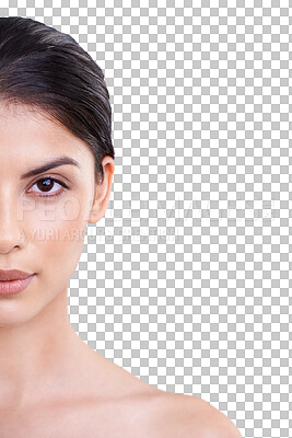 Buy stock photo Portrait, beauty and skincare with a model woman isolated on a transparent background for cosmetics. Face, half and natural with an attractive young female person closeup on PNG for skin wellness