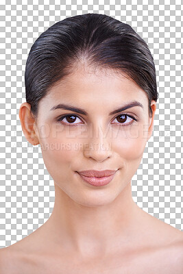 Buy stock photo Indian woman, skincare and portrait for beauty, cosmetics or luxury salon facial on transparent, isolated or png background. Face, makeup or natural skin care with dermatology, treatment or spa