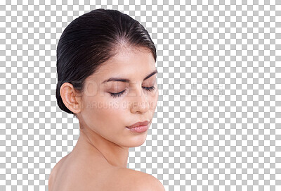 Buy stock photo Beautiful, skincare and a woman with a facial glow from dermatology, makeup or cosmetics. Serious, young and an Indian girl or cosmetic model with face beauty isolated on a transparent png background