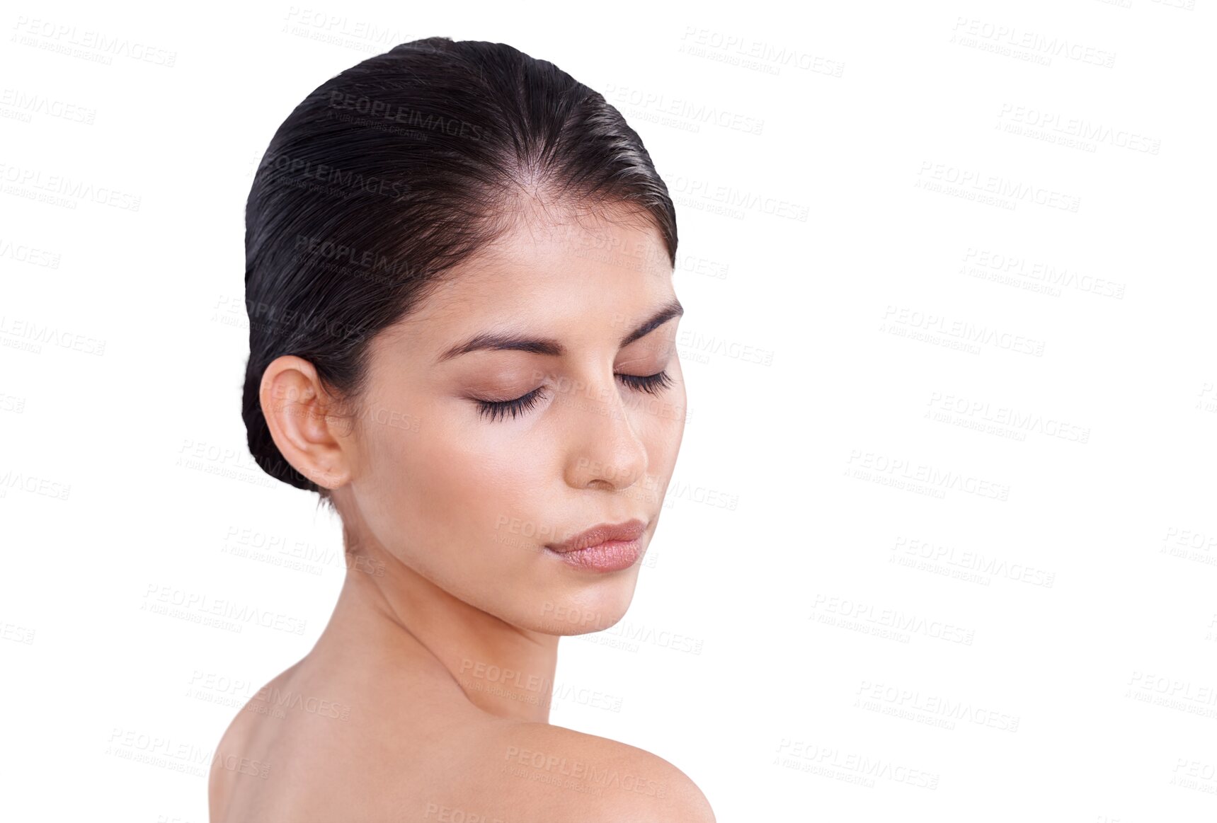 Buy stock photo Beautiful, skincare and a woman with a facial glow from dermatology, makeup or cosmetics. Serious, young and an Indian girl or cosmetic model with face beauty isolated on a transparent png background