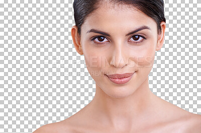 Buy stock photo Woman, spa and skincare with glow in portrait in png or isolated or transparent background. Dermatology, beauty and face treatment or self care for results with shine and cosmetology with cleaning.