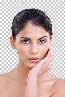 Buy stock photo Woman, face and beauty in portrait, touching skin and natural cosmetics isolated on png transparent background. Spa treatment, clean facial and Mexican female model with skincare and dermatology